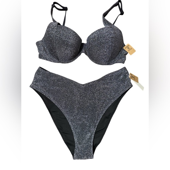 Victorias Secret Swim Black Shimmer Push Up Padded Bikini Top & Bottom Set Large - Picture 1 of 13